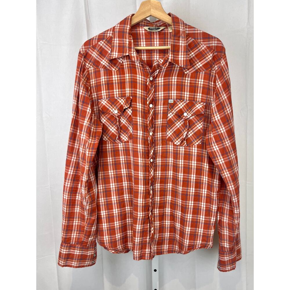 SALT VALLEY WESTERN Plaid Snap Front Long Sleeve Shirt Cotton Red Orange Size L
